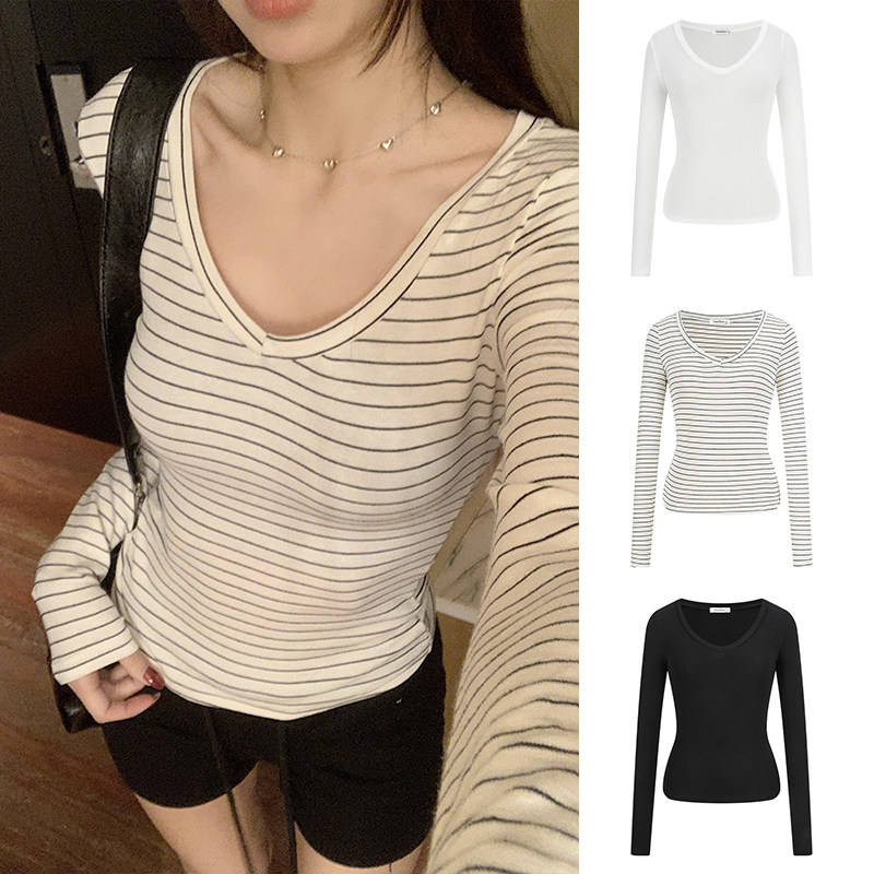 MosesQueen魔西女王条纹v领长袖t恤女内搭打底衫修身显瘦短款上衣,女装/女士精品,T恤,淘宝优惠券,粉丝福利购,淘宝优惠卷