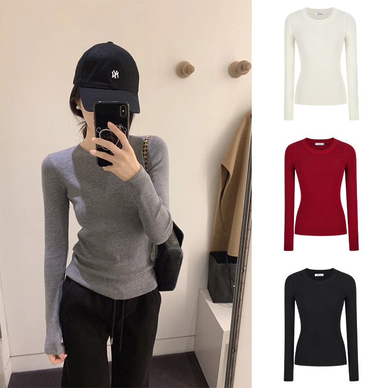 MosesQueen魔西女王灰色正肩针织打底衫女春秋冬内搭毛衣长袖上衣