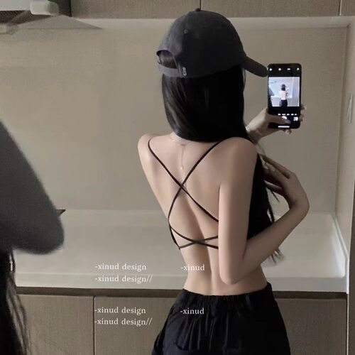 交叉美背带胸垫吊带背心短款上衣