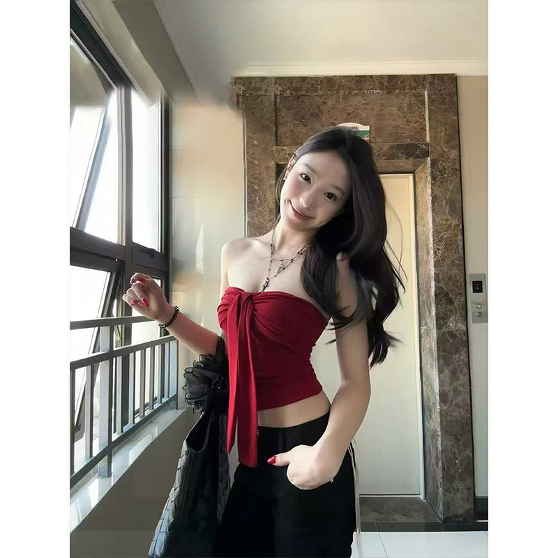 MosesQueen魔西女王红色抹胸背心外穿蝴蝶结性感裹胸内搭打底上衣