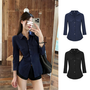 收腰修身 女春秋季 显瘦上衣 衬衫 MosesQueen魔西女王深蓝色翻领长袖