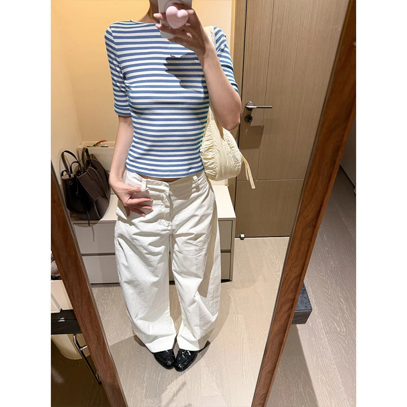 蓝色条纹中袖t恤修身半袖上衣女图片