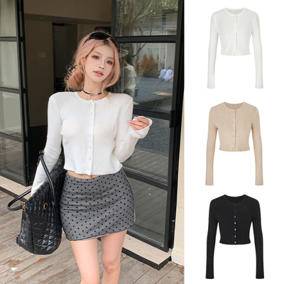 露脐短款针织开衫女长袖外套上衣