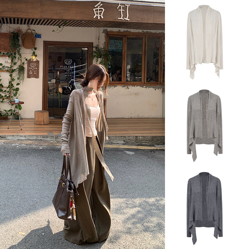 MosesQueen魔西女王灰色中长款针织开衫女春秋季外搭长袖上衣外套