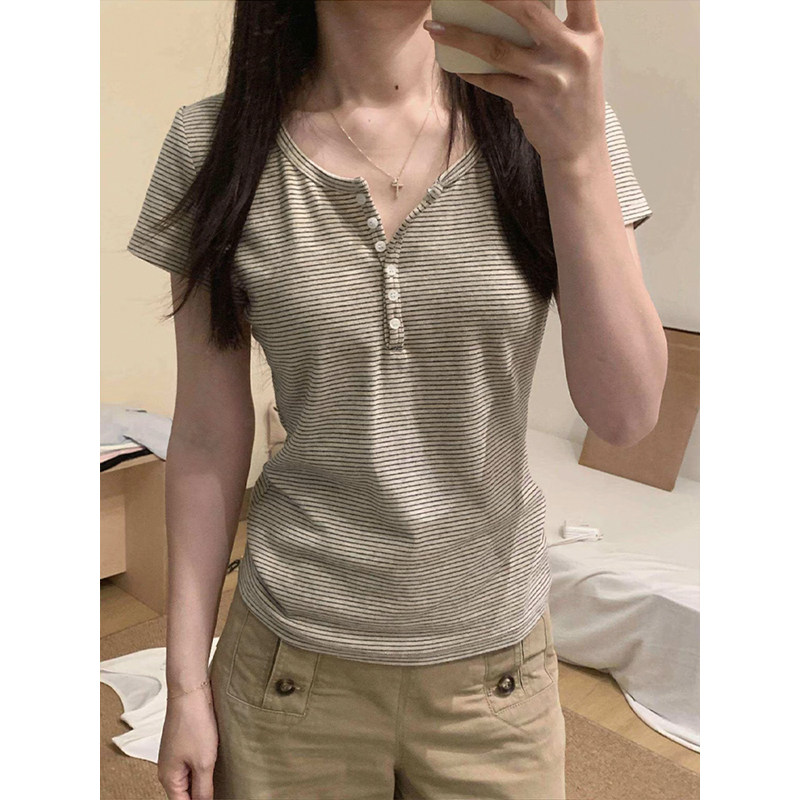MosesQueen魔西女王亨利领条纹正肩短袖t恤修身显瘦内搭打底上衣