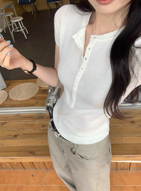 MosesQueen魔西女王白色亨利领针织短袖t恤修身显瘦百搭正肩上衣