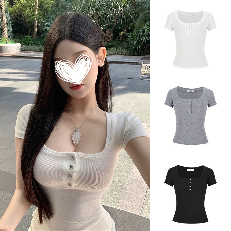 MosesQueen魔西女王白色正肩短袖t恤女夏季辣妹收腰修身显瘦上衣