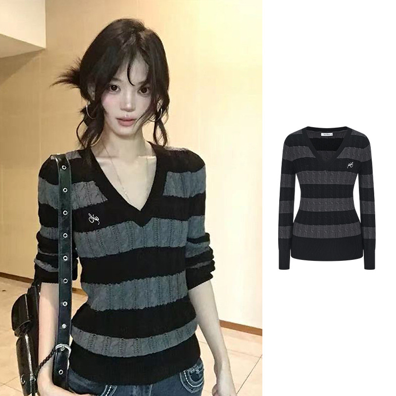 MosesQueen魔西女王复古条纹麻花v领毛衣秋冬内搭打底针织衫上衣,女装/女士精品,毛针织衫,淘宝优惠券,粉丝福利购,淘宝优惠卷
