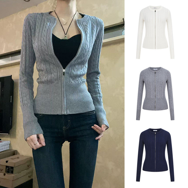 MosesQueen魔西女王灰色麻花毛衣外套春秋季软糯修身针织开衫上衣