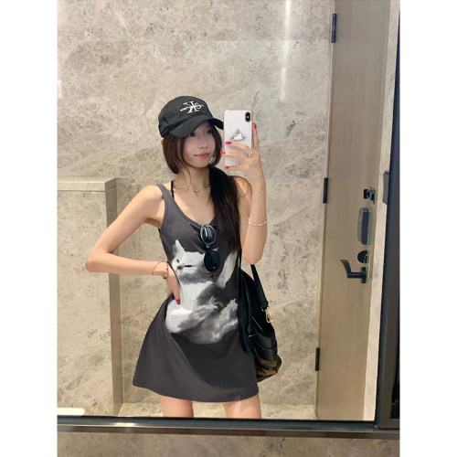 可爱猫咪印花吊带连衣裙a字短裙