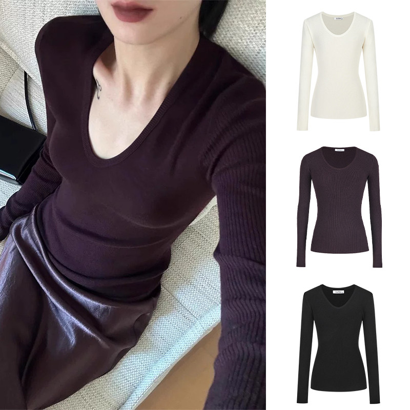 MosesQueen魔西女王紫色v领针织打底衫女春秋冬内搭毛衣长袖上衣