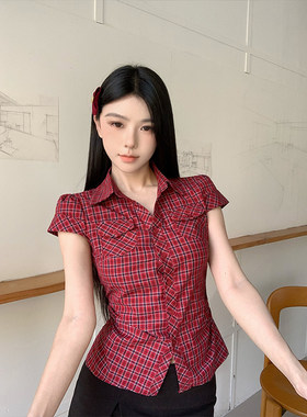 红色格子短袖衬衫收腰修身上衣女