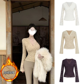 MosesQueen魔西女王加绒加厚蕾丝打底衫 秋冬内搭修身 显瘦v领上衣