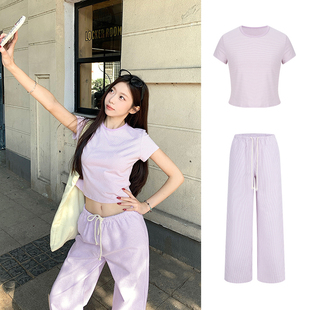两件套装 t恤休闲宽松阔腿裤 圆领短袖 MosesQueen魔西女王条纹短款