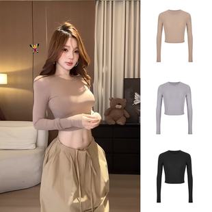 MosesQueen魔西女王健身运动瑜伽服长袖 上衣 t恤内搭打底露脐短款