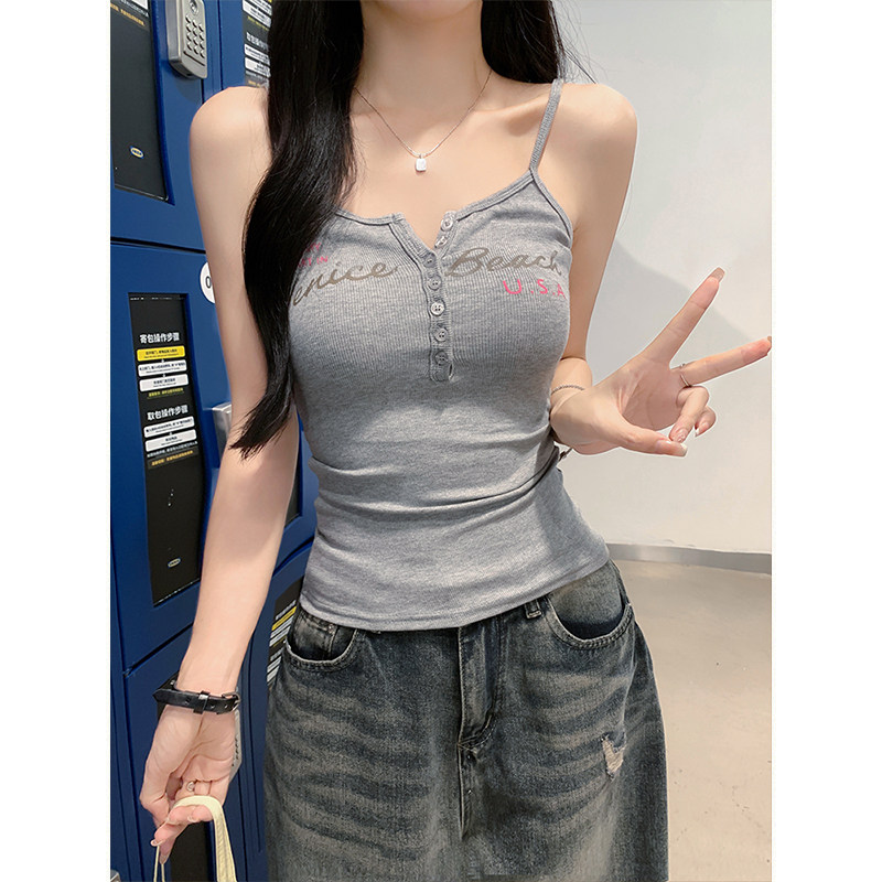 MosesQueen魔西女王字母印花亨利领吊带背心外穿内搭打底无袖上衣