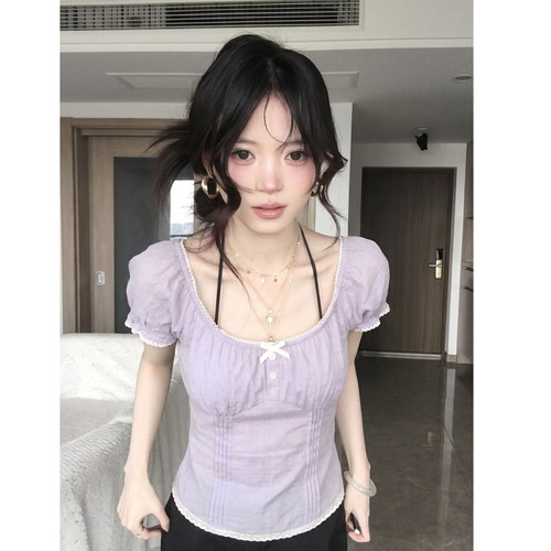 蕾丝花边泡泡袖衬衫一字肩上衣女