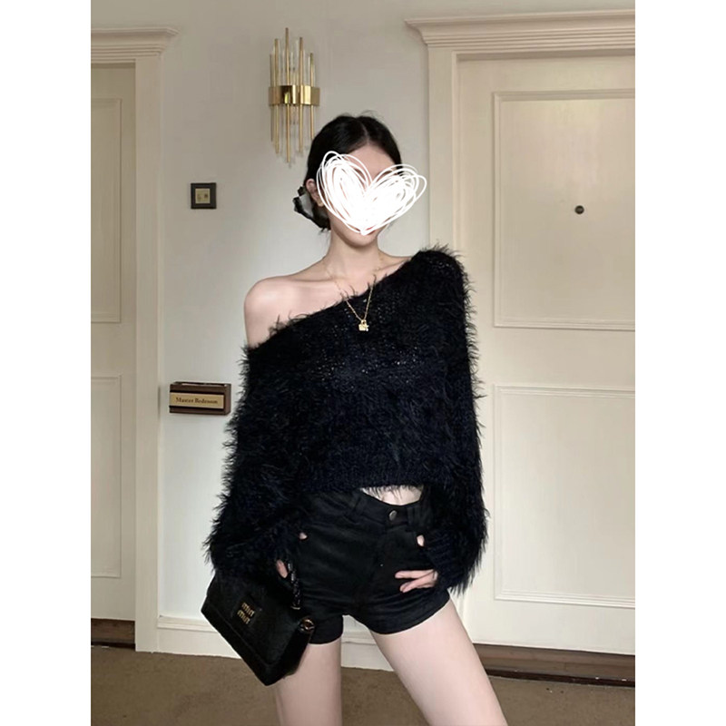 MosesQueen魔西女王黑色斜肩长袖针织衫秋冬短款毛衣辣妹露肩上衣