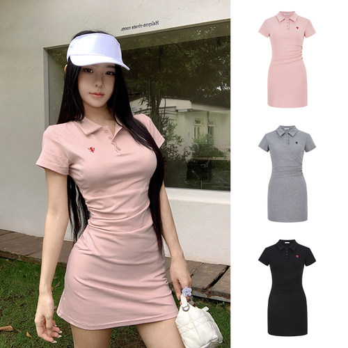 刺绣polo领短袖连衣裙女包臀短裙