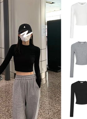 MosesQueen魔西女王黑色打底衫女春秋冬内搭正肩长袖t恤短款上衣