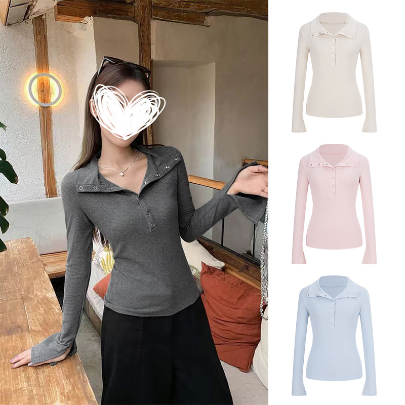 MosesQueen魔西女王灰色翻领长袖t恤内搭打底修身开叉喇叭袖上衣,女装/女士精品,T恤,淘宝优惠券,粉丝福利购,淘宝优惠卷