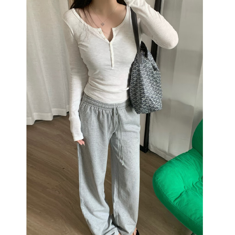 MosesQueen魔西女王白色亨利领打底衫春秋冬内搭正肩长袖t恤上衣