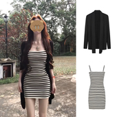 MosesQueen魔西女王条纹针织吊带连衣裙包臀短裙防晒开衫 两件套装
