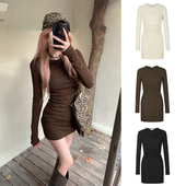 MosesQueen魔西女王咖色长袖 连衣裙女春秋收腰修身 显瘦包臀短裙子