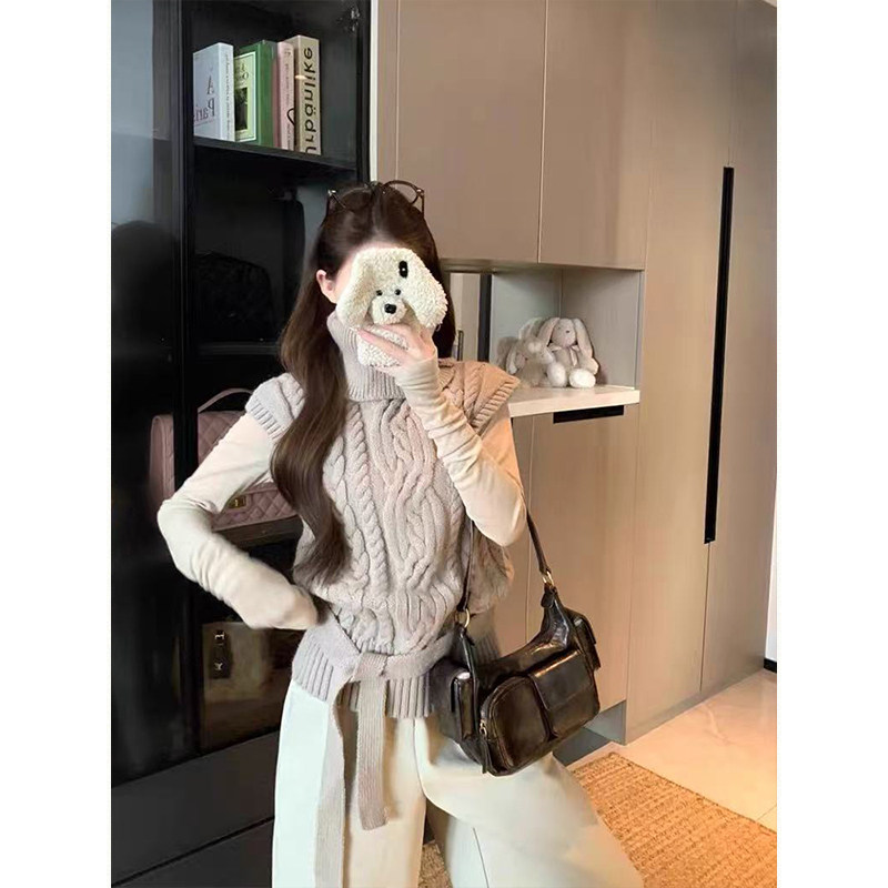 MosesQueen魔西女王高领麻花针织毛衣背心秋冬外穿绑带小飞袖上衣