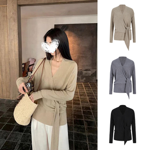 MosesQueen魔西女王设计感交叉v领针织衫女春秋绑带收腰显瘦上衣