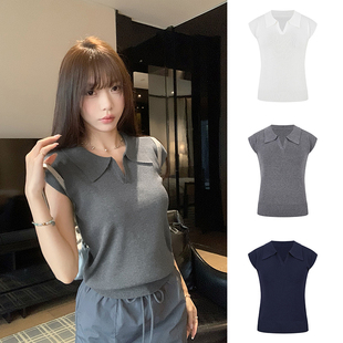 polo领上衣 小飞袖 MosesQueen魔西女王灰色翻领针织短袖 t恤女夏季