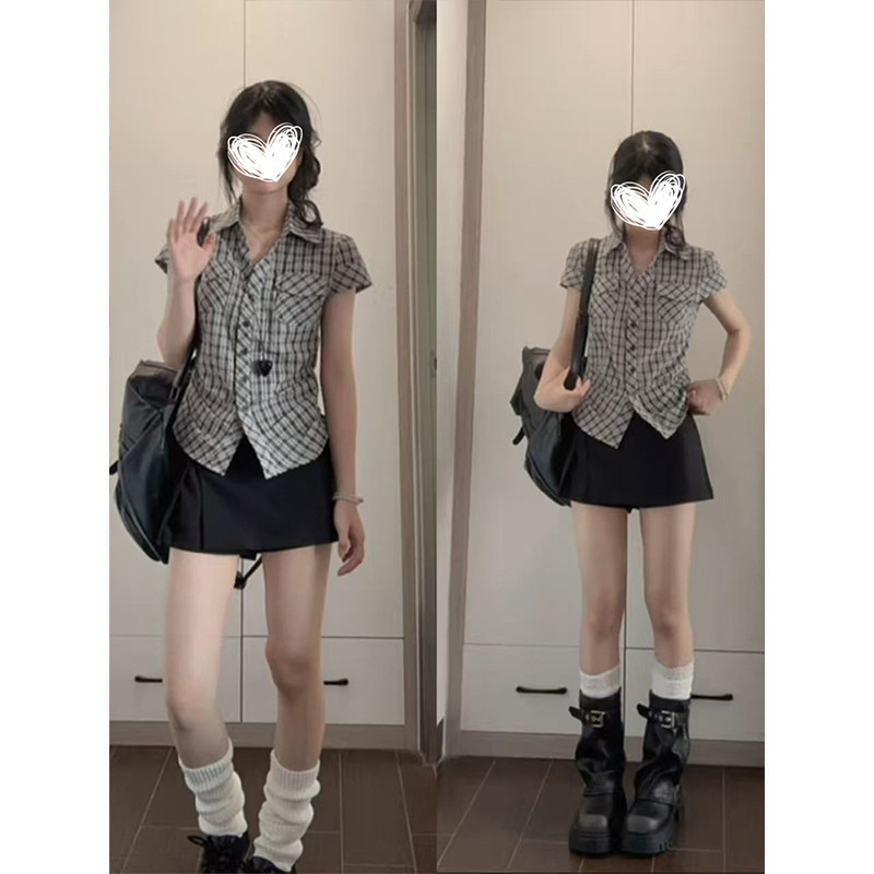 MosesQueen魔西女王复古格子短袖衬衫收腰显瘦衬衣修身polo领上衣