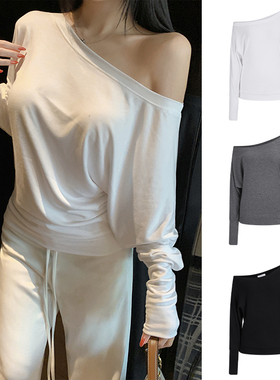 MosesQueen魔西女王白色斜肩长袖t恤春季内搭宽松蝙蝠侠露肩上衣