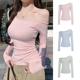 MosesQueen魔西女王粉色斜肩长袖 显瘦露肩上衣 t恤女内搭打底修身