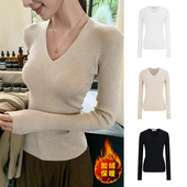 MosesQueen魔西女王加绒加厚打底衫 秋冬内搭毛衣v领长袖 针织上衣