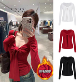 MosesQueen魔西女王新年红色打底衫 内搭蝴蝶结系带v领长袖 t恤上衣