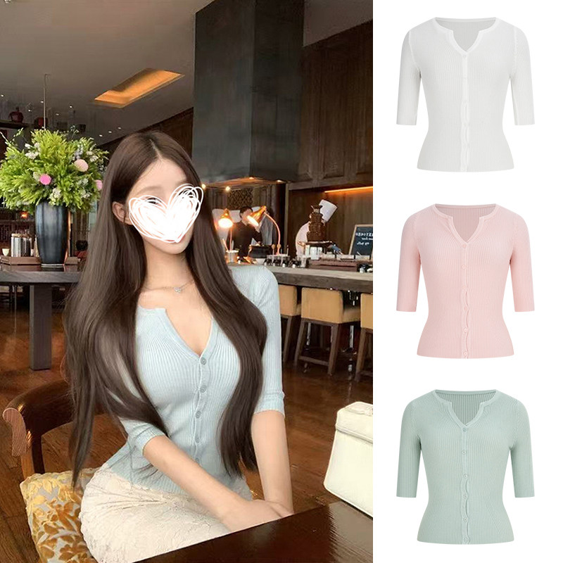 MosesQueen魔西女王薄荷绿色v领短袖针织开衫内搭打底衫半袖上衣