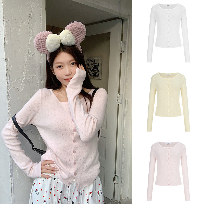 MosesQueen魔西女王粉色纯棉缕空针织开衫设计感小众长袖外套上衣