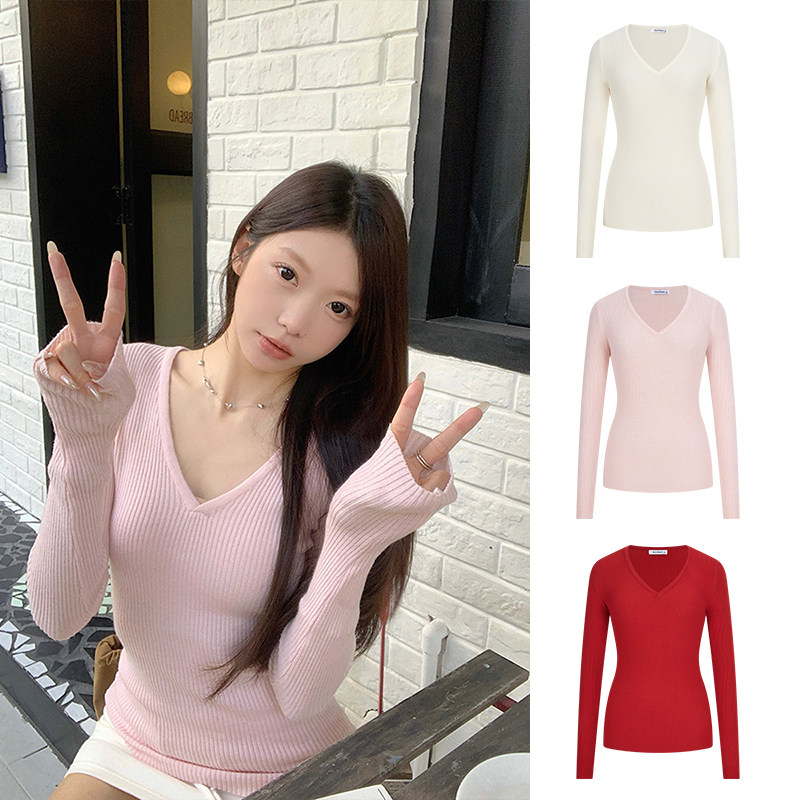 MosesQueen魔西女王粉色v领毛衣女春秋冬内搭修身针织打底衫上衣