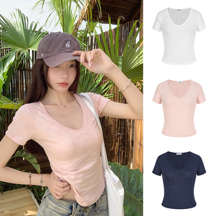 MosesQueen魔西女王粉丝纯棉微透大v领短袖t恤女夏季纯欲正肩上衣