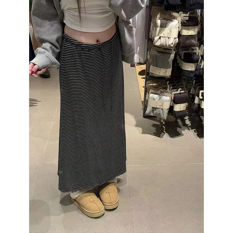 MosesQueen魔西女王慵懒风条纹半身裙休闲抽绳松紧腰垂感直筒长裙