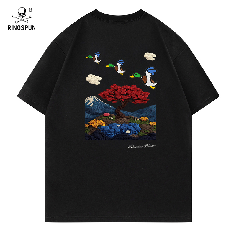 RINGSPUN【绘画鸭子】重磅万针刺绣潮牌T恤 休闲短袖T恤男女同款