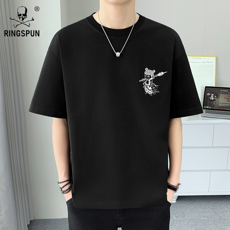 25夏季新款短袖T恤男装宽松刺绣圆领纯棉半袖青年上衣潮t男女同款