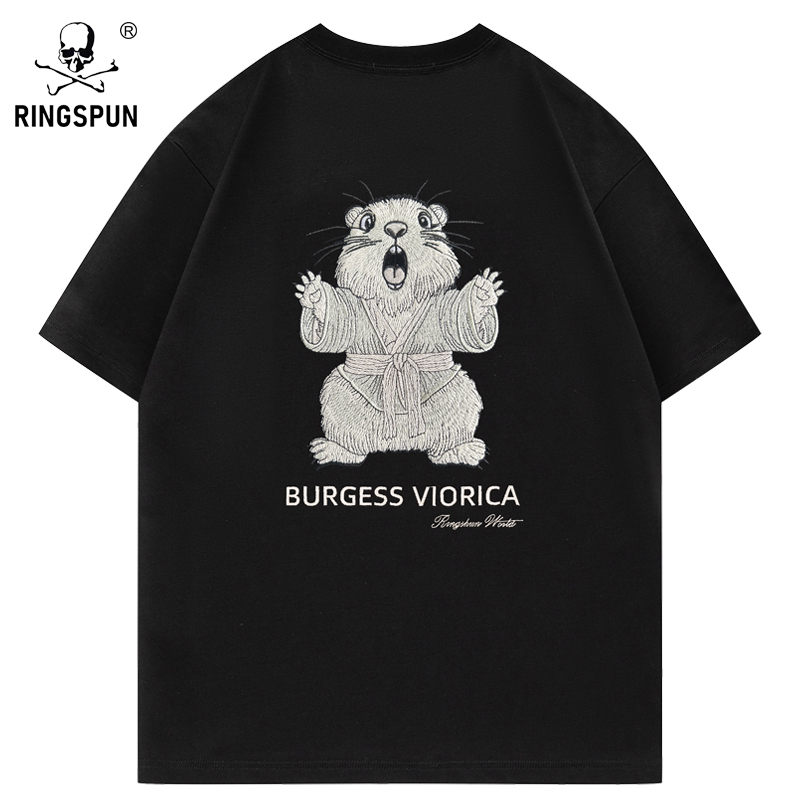 RINGSPUN重工刺绣短袖t恤男夏季新款纯棉半袖重磅男士圆领T恤