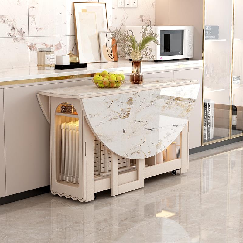 小户型可移动折叠餐桌家用圆桌轻奢现代简约多功能家用餐边柜一体