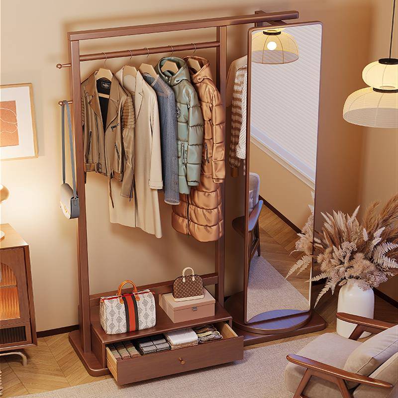 实木挂衣架落地卧室家用房间衣帽架旋转穿衣镜一体客厅衣架带镜子