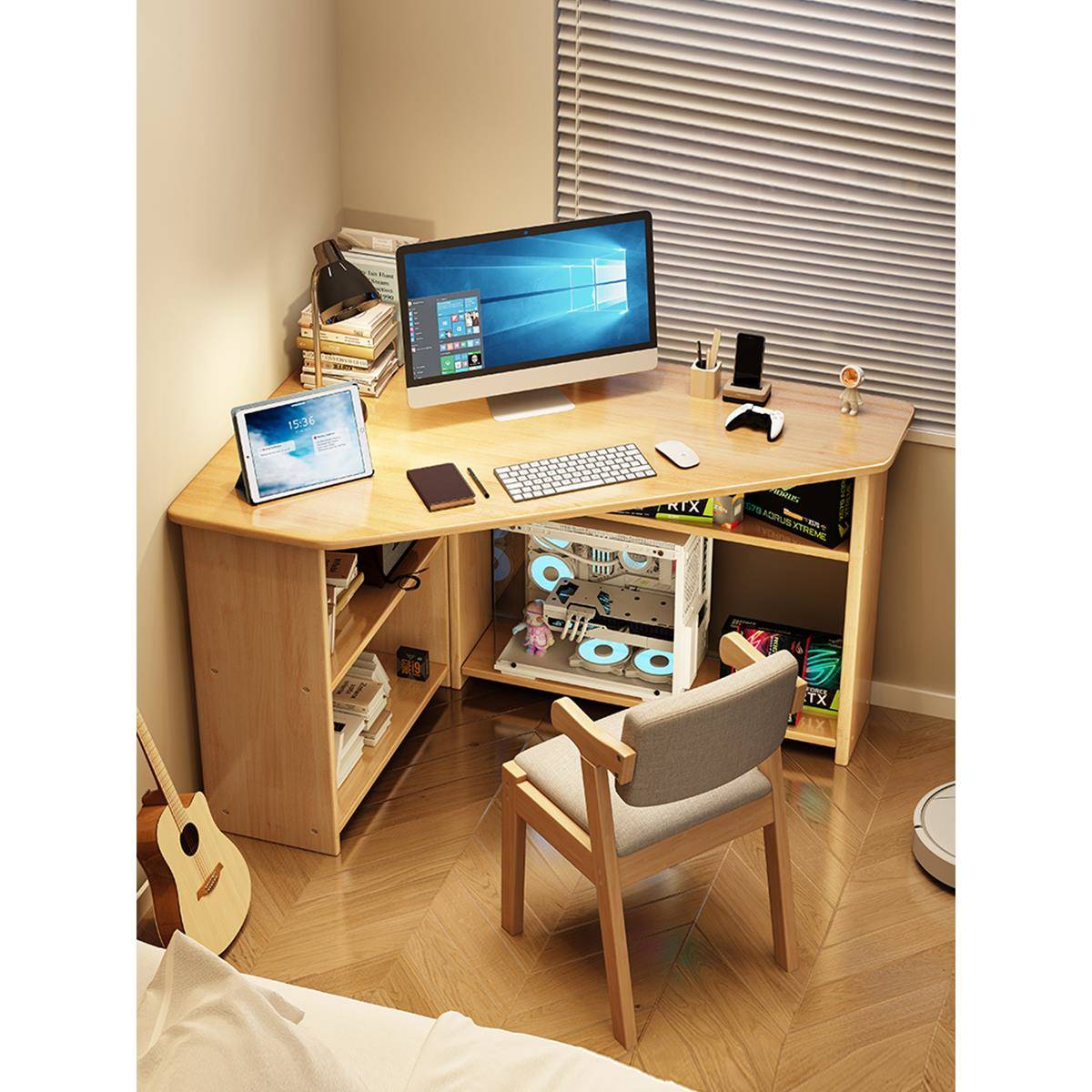 全实木转角书桌卧室角落学生写字桌家用书柜一体靠墙三角形电脑桌