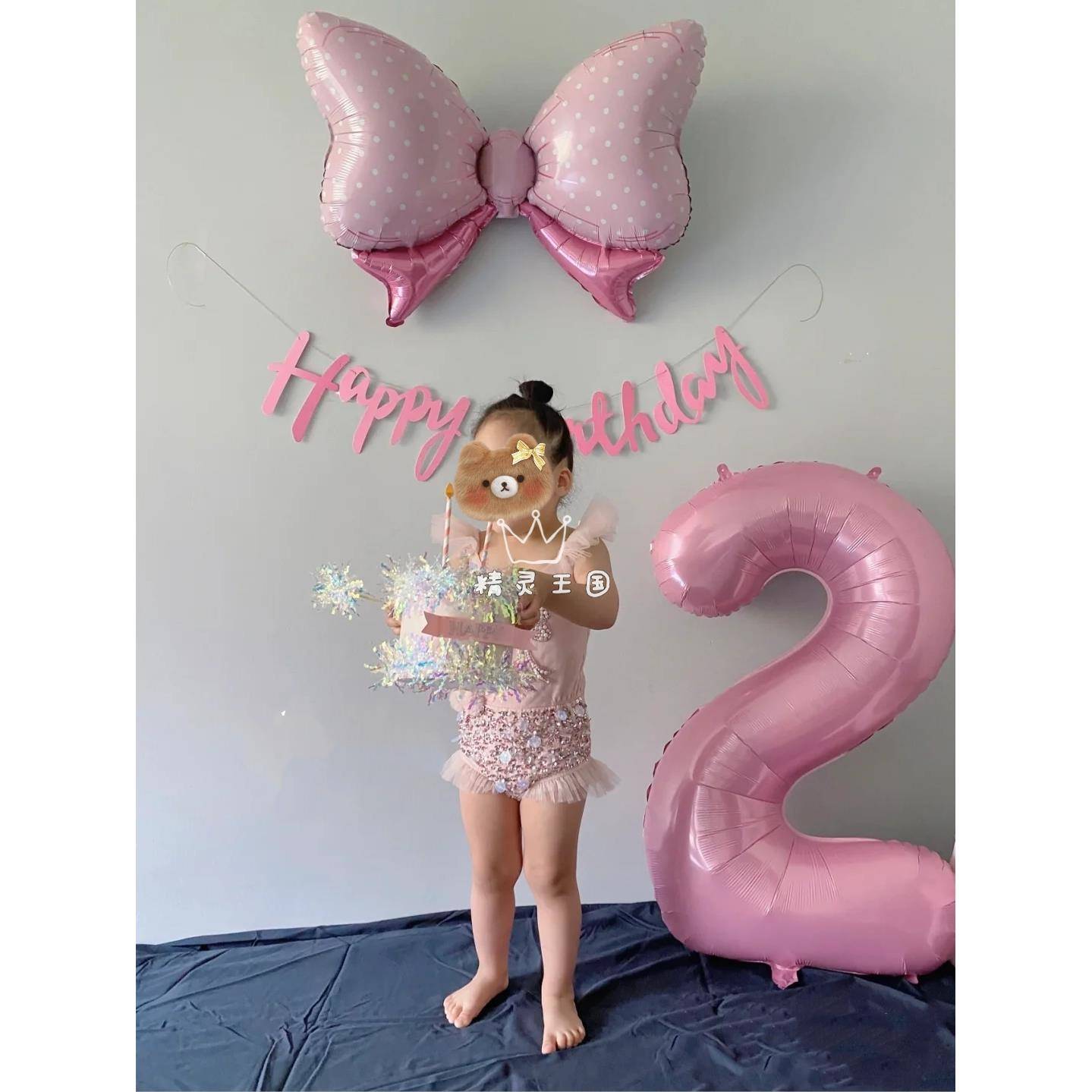 ins风蝴蝶结铝膜气球 生日快乐字母拉旗派对装饰布置拍照粉色蓝色