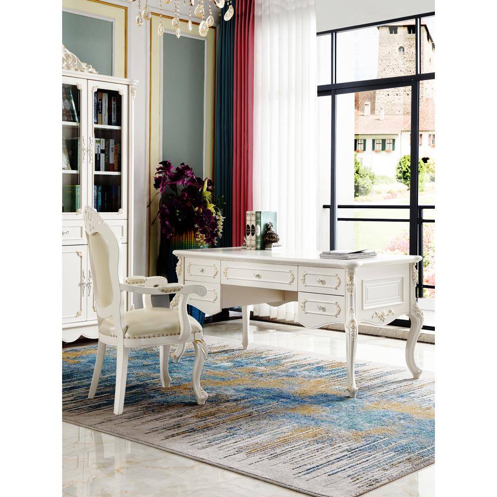 欧式桌豪华电脑桌高端卧室写字台实木象牙白色书桌书房家具