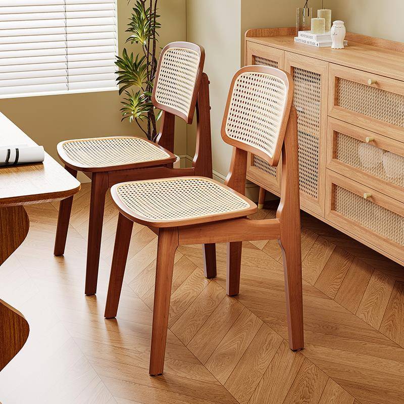 中古实木椅子家用藤编餐椅餐厅餐桌椅复古凳子靠背休闲藤椅卡曼椅